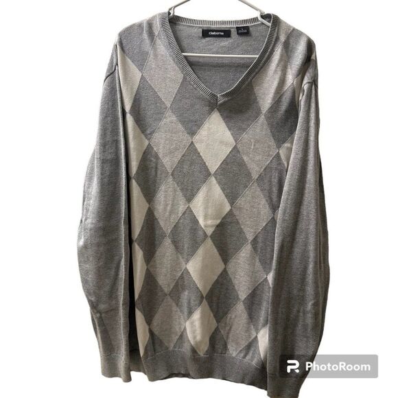 Clairborne Men's L Gray/White Argyle Navy V-Neck Lightweight Sweater 100% Cotton - Picture 1 of 3